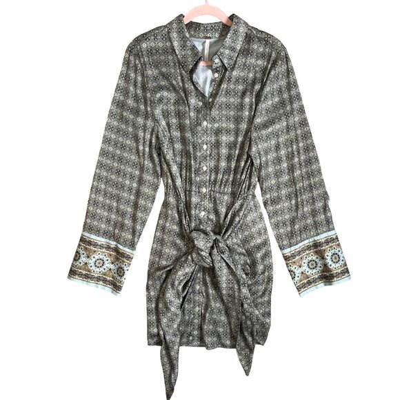 Free People Silky Rillo Shirt Dress Blue Multi XL - Picture 5 of 11